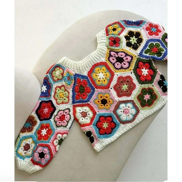 Loui Square Crochet Knit Sweater- Floral Pattern - Picture 2 of 5